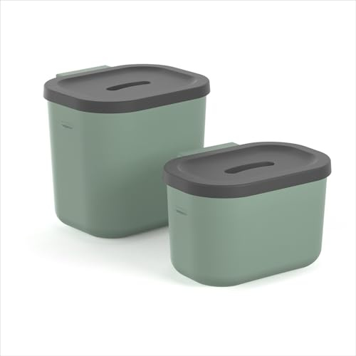 Rotho Salsa Mülleimer Küche Biomülleimer 2er-Set 3,2 L & 6 L Grün/Anthrazit | Biomülleimer Küche, Abfalleimer Küche, Mülleimer mit Deckel, 2er-Set zum Stellen oder Aufhängen, kompakt, 100 % recycelt