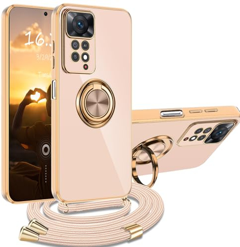 XCYYOO Hülle für Xiaomi Redmi Note 11 4G/ Note 11S mit Band, Handyhülle Xiaomi Redmi Note 11 4G/ Note 11S mit Kette Kordel Ständer Kratzfest Silikon Handykette Stoßfeste Schutzhülle, Rosa