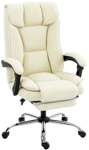 HOMCOM Bürostuhl Ergonomischer Schreibtischstuhl mit Fußstütze, Beige | Verstellbare Rückenlehne, Höhenverstellbarer Drehstuhl, Tierfreundlich Kunstleder, Doppel Gepolstert, Computerstuhl