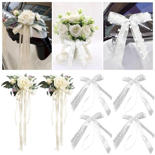 Yuaerbuo 6 Stück Hochzeit Autoschmuck, Hochzeitsdeko Auto，2 Vintage Hochzeits Künstliche Blume mit Saugnäpfen Milchig Weiß, 4 Hochzeit Autoschleifen mit Herzen Spitze 11×19cm für Auto Brautauto