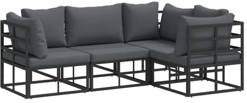 Mhdvray Gartensofa-Set 4-TLG. Schwarz Aluminium wetterfest mit bequemem Outdoor-Kissen 70 x 70 cm Eckbank Mittelbank Gartentisch Modernes Design für Balkon Terrasse Garten