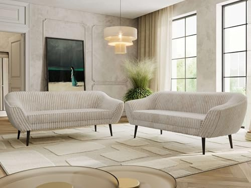 MKS MEBLE Sofagarnitur PIRS 3 + 3 - Couchgarnitur im skandinavischen Design, Gesteppte Polsterung, Wellenfederung, Wohnzimmer Sofa Set - Schwarze Beine, Beige Cord