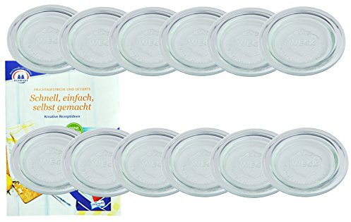 MamboCat WECK 12er Set Ersatz-Glasdeckel für Rundrandglas 60 mm, Glasdeckel, Ersatzdeckel, Ersatzglas, Glasauflage transparent, passend für WECK-Rundrandgläser RR60 incl. Gelierzauber Rezeptheft