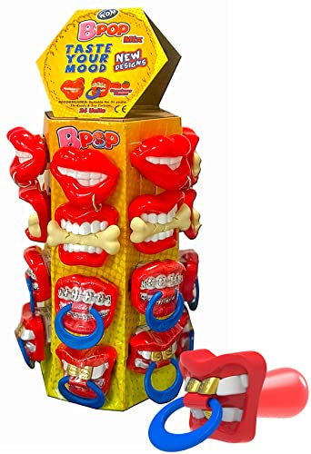 WOM Bpop Mix Turm, Lollipop Schnuller mit Erdbeergeschmack und lustiger Mundform | Turm aus 24 Süßigkeiten-Schnullern mit 4 verschiedenen Mundmodellen