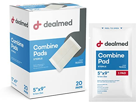 Dealmed Abdominal Combine Pads 5x9 (20-Pack) Sterile Individually Wrapped, ABD Pads, Absorbent, Non Adherent for Wound Care, Drainage, First Aid, 20/Box (1 Pack)