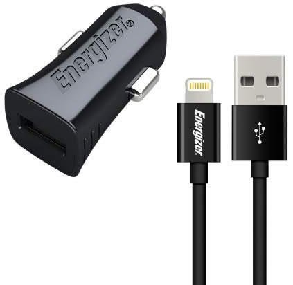 Energizer DCA1ACLB3 Kfz-Ladegerät mit Lightning-Kabel, 1 USB, 1 A, Zigarettenanzünder, schnelles Laden und Synchronisieren, Schwarz