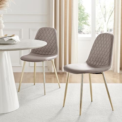 Furniturebox UK Corona Dining Chairs Set of 2 Contemporary & Luxurious Diamond Stitched Dining Seats - Soft & Comfortable - Cappuccino Grey Faux Leather & GoldMetal Legs (Set of 2)