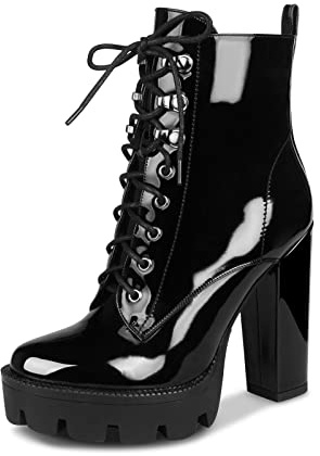 Wetkiss Chunky Heel Platform Boots for Women - Black, Patent Leather, Ankle Booties, High Heel, Glossy