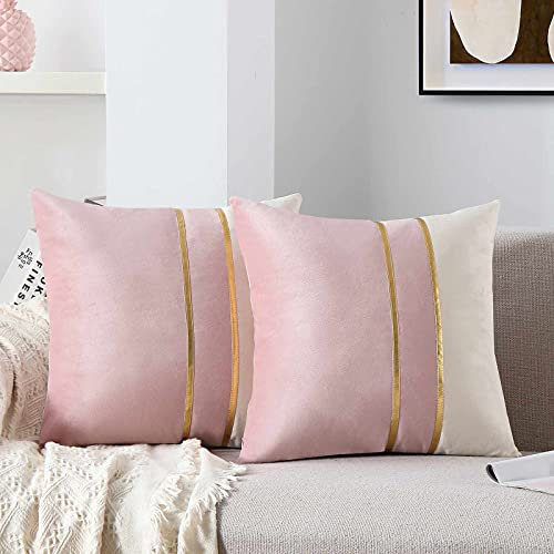 WACOMECO Velvet Throw Pillow Covers - Pack of 2 Soft Decorative Cushion Covers Cases with Gold Leather for Sofa Bedroom Livingroom Car, 18 x 18 in, Blush Pink and White
