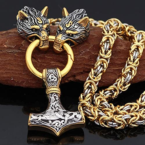 QQTQQ Viking Thors Hammer Wolf Kopf Anhänger, nordische Mythologie Pagan Mjolnir Halskette, schwere byzantinische Kette Mythologie Rune Mode Unisex Schmuck,MixedGold-60CM