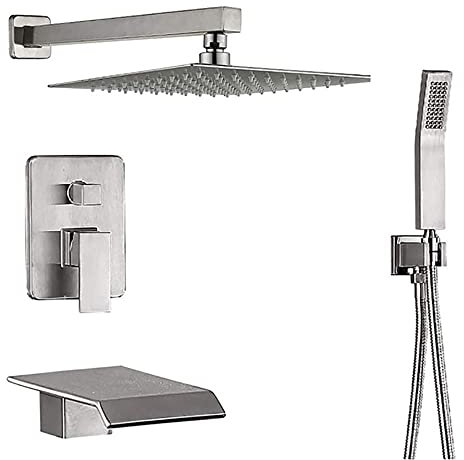 Colonne de Douche Encastrée avec Douchette à Mains 10 Pouces Set Mitigeur de Douche Encastré pour Salle de Bains-Nickel Brossé