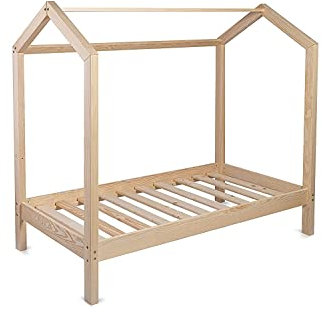 Kinderbett Bett Hausbett 90x200 mit Rausfallschutz Lattenrost Bettgestell aus Kiefer Holz für Haus Kinder Jungen & Mädchen - Holzbett Baby Kinderzimmer Junge Deko (Rausfallschutz: KEIN)