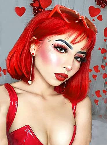 YEESHEDO Damen Rot Kurze Bob Gerade Haar Perücken mit Pony Hitzebeständige Synthetische Bunte Perücke für Frauen für Tägliche Party Cosplay Kostüme