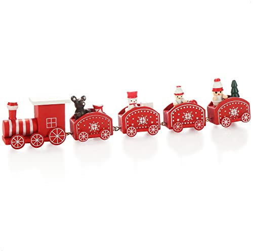 com-four® Weihnachtszug mit Vier Anhängern aus Holz - dekorativer Christmaszug - weihnachtliche Tischdekoration - Holzeisenbahn (Holz rot)