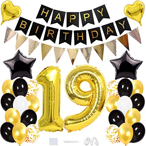 Daxlizy 19. Geburtstag Deko Junge, Geburtstagsdeko Mädchen 19 Jahr, Luftballons Schwarz Gold Happy Birthday Girlande Banner, Riesen Folienballon 19, Helium Ballon 19 Deko zum Geburtstag Party