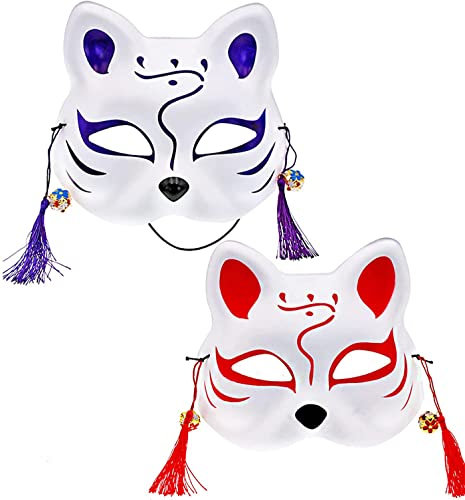 2 Pcs Halloween Animal Cosplay Kabuki Chat Masques, Masque De Renard Japonais Masque ,Generic Renard Visage Mignon Halloween Chat Japonais Kabuki Kitsune Masques pour Halloween Mascarade Costume Prop