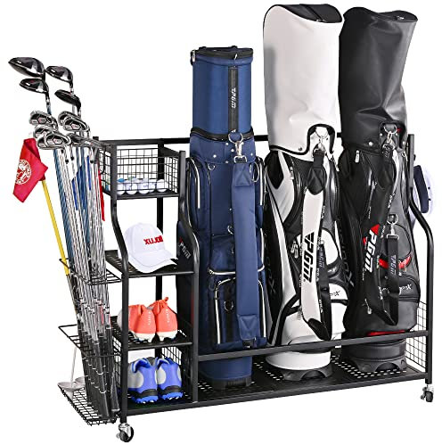 PLKOW Golf Bag Organizer for 3 Full Size Bags, Extra Large Golf Storage, Fits Golf Clubs & Accessories, Garage Organizer with Wheels & Brake