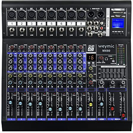 Weymic MX-80 Mezcla profesional (8 canales) para grabar el efector DSP de karaoke escénico dj, con unidad USB para grabar entradas, enchufe de micrófono xlr, fuente de alimentación 48v, salida RCA