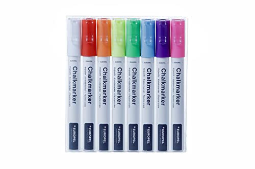 Europel Chalk Marker 3 mm Mixed Colours PVC Case Pack of 8 Red Purple Blue Orange Pink Yellow Green White Reversible Round Tips and Chisel Tip