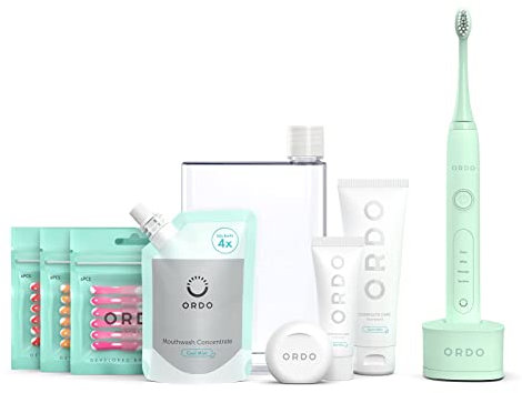 Ordo Spazzolino elettrico sonico e starter kit collutorio dentifricio filo interdentale Spazzole interdentali vegano senza alcool fresco 4 modalità di spazzolatura Batteria ricaricabile Adulti Verde