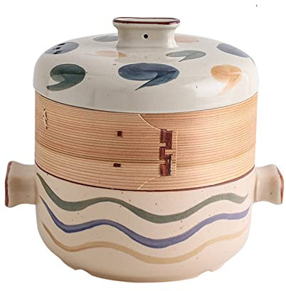 HMWOKPOT Japanischer Schmortopf Mit Griffen Zum Kochen, Keramik-Kasserolle Tontopf Dampfeintopf Mit Natürlichem Bambus-Dämpfkorb,A,2.5L