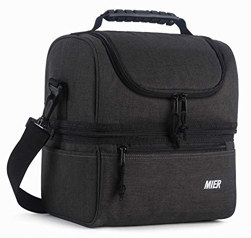 MIER Insulated Lunch Box Large Doppeldeck-Design ideal für die Schule, Arbeit, Reise, Picknick, Grillen oder als Babynahrungstasche-dunkelgrau