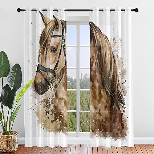Hiseng Voile Vorhänge mit Ösen Durchsichtig Moderne Halbtransparent Ösenvorhang für Fenster Wohnzimmer Schlafzimmer 3D Druck Elegante Transparent Gardine 2er Set (W132xH244cm,Pferd Muster 6)