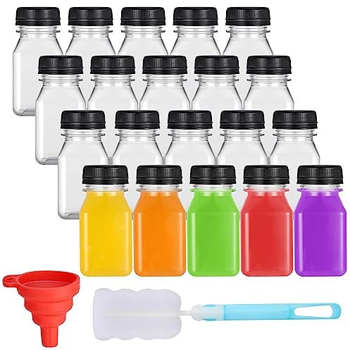Opopark 20 Pack 4oz/120ml Plastic Juice Bottles with Tamper Seal Lids, Pouring Funnel and Brush, Empty Reusable Shot Bottles Clear Smoothie Bottles for Juice Milk, Water and Other Beverages