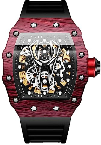 rorios Tonneau Armbanduhren für Herren Mechanische Automatik Uhr Mode Sport Uhr Wasserdicht Leuchtend Watch Männer Punk Uhr Silikon Armband Schwarz Rot B