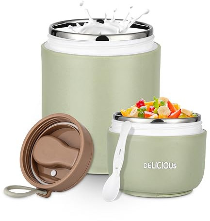 FAOKZE Taza de cereales 2 en 1, 430ml + 300ml taza de yogur de acero inoxidable con cuchara, para rellenar sopas, ensaladas, pasta, postres de yogur, para la escuela, oficina, viajes (green)
