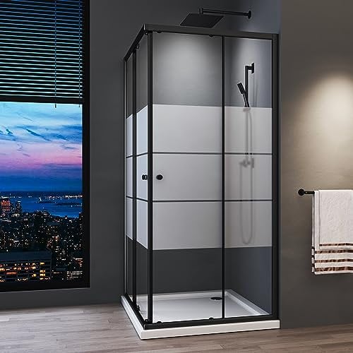 Duschkabine 75x75cm Eckeinstieg Schiebetür,Doppel Schiebetür Eckeinstieg Duschwand 6mm ESG Glas Duschabtrennung Dusche Duschwand,Schwarz Rahmen it Weißen Querstreifen,Höhe 185cm,Ohne Duschwanne
