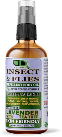 Insect Repellent with Lavender & Tea Tree Essential Oil Repellent Against Chiggers (Red Bugs) Fleas, Moths, Ticks, Mosquitos and Cutworms for Body Oil Deet Free (50ml Glass Spray)