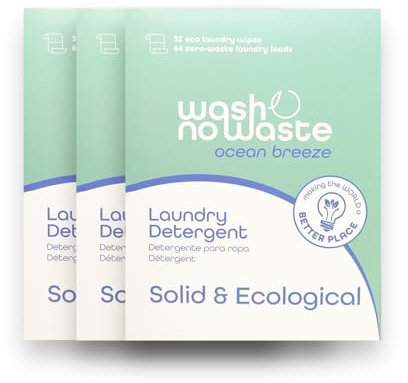 Wash no Waste - Waschmittelstreifen (192 Wäschen). Hypoallergen und biologisch abbaubar. Weichmachender Effekt. Kraftvolle Reinigung. Vegan und tierversuchsfrei. Plastikfrei. (Ocean Breeze)