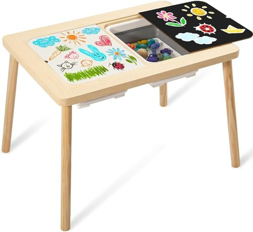 TEKXDD Children's Tables, Multifunctional Sensory Table, Play Sand and Water Table with Storage Bins, Kid's Desk for Art, Drawing, Studying and Playing, Wooden Activity Table for Indoor Outdoor