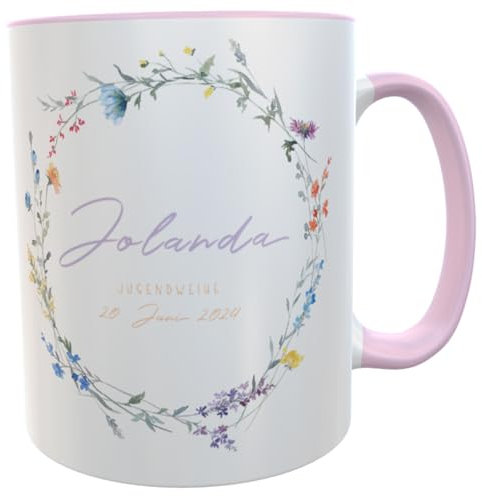 Tasse zur Jugendweihe Geschenkidee Becher Mug Teenager (Wildblumenkranz rosa)