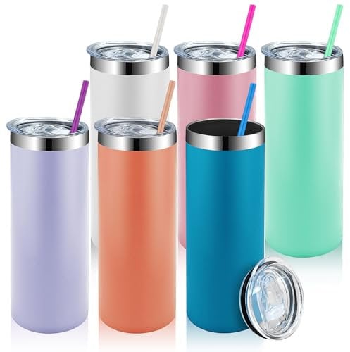 6 Pack Stainless Steel Slim Tumblers with Straws and Lids, 20 oz Double Wall Vacuum Insulated Travel Water Cups (Light Color)