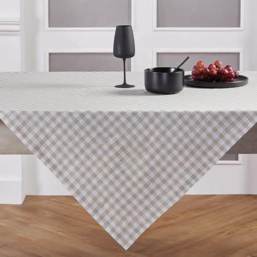 Solino Home Quadratische Leinen-Tischdecke, 132 x 132 cm, 100 % reines Leinen, natürliches Vichy-Muster, maschinenwaschbar, Tischdecke für den Sommer