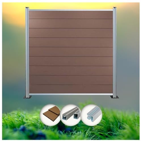 WPC Sichtschutz Zaun braun 185 (Höhe) x 180 (Breite) cm inkl. Posten silber eloxiert (10 x Zaun + 11 x Pfosten)