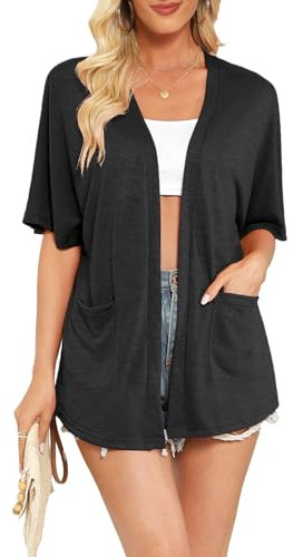 Wiwclo Womens Black Short Sleeve Kimono Cardigans 2025 Lightweight Summer Cardigan Casual Loose Fit Beach Cover Up Curved Hem with Pockets,Black,S