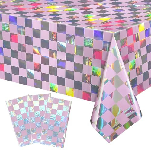 Dremisland 3 Pack Iridescent Tablecloth Party Pink Checkered Plastic Tablecloth Holographic Foil Table Covers Rectangle Disposable Party Table Decorations for Picnic Birthday Halloween Christmas
