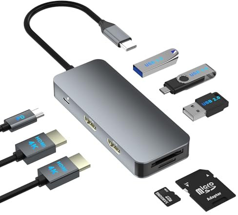 Dual Monitor Laptop Docking Station, 8 in 1 USB C Hub with HDMI 4K*2, USB 3.0 * 1, USB 2.0 * 2, PD 100W Fast Charging, USB C Docking Station for