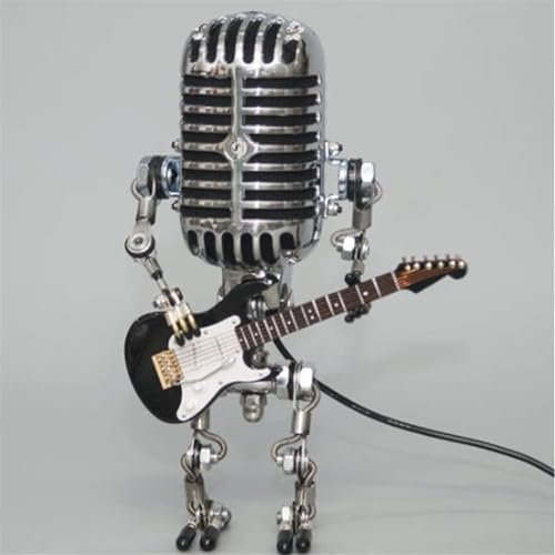 Xmpmrb Vintage Microphone Guitar Robot Lamp, Music Gifts for Men, for Music Lovers, Vintage Light Home Decor Nightstand Desk Lamp for Bedroom, Music Studio (Black)
