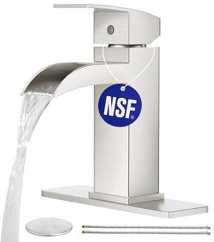 CREA Wasserfall-Badezimmer-Wasserhahn, 1 Loch, Einhandgriff, gebürstetes Nickel, Waschbeckenarmatur mit Ablauf/3-Loch-Deckplatte, Edelstahl, Waschtischarmatur (cUPC Warm- und Kaltwasserversorgung)