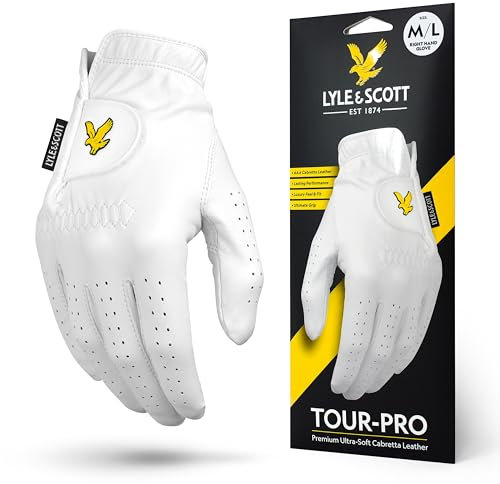 Lyle & Scott Tour Pro Gant de Golf en Cuir de cabretta Ultra Doux – Adhérence Ultime, contrôle de l'humidité, Durable – Gant de Golf pour Homme (Blanc, Taille M/L, Main Droite