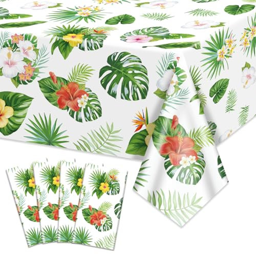 Hegbolke 4 Pack Hawaiian Luau Tablecloths for Party Decorations, Palm Leaf Table Covers Rectangular Aloha Tropical Leaf Tablecloths for Summer Beach Kids Birthday Cocktail Party Supplies, 86 x 51 in