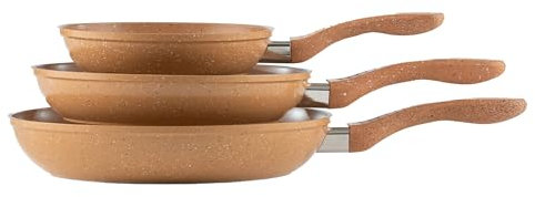 Picca Gravina 3-Piece Frying Pan Set - Marble Non Stick Cooking Pan Set with Mineral Based Coating - No PFAS/PFOS/PFOA - Light Brown - Easy Clean and Induction Compatible