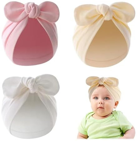 Amexo 3 Pezzi Cappello per Neonatoin Cotone Cappello Neonato con Nodo Cappello Turbante per Neonati Berretti per Ospedale per Neonati Berretti a Turbante con Fiocco per Neonati 0-2 Anni
