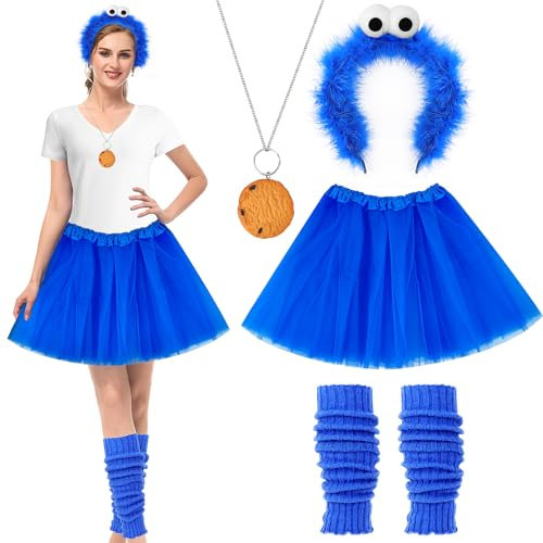 SelfTek Krümelmonster Kostüm Damen für Erwachsene, Cookie Haarreif Krümelmonster Haarreif Tutu Rock Halskette Bein Stulpen Krümelmonster Kostüm Accessories für Karneval Fasching Halloween Cosplay