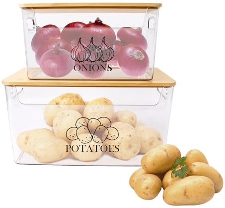 Boite Lot de 2 Acrylique Transparent Rangement Pomme de Terre - Couvercle en Bambou - Fruits et Légumes Cuisine