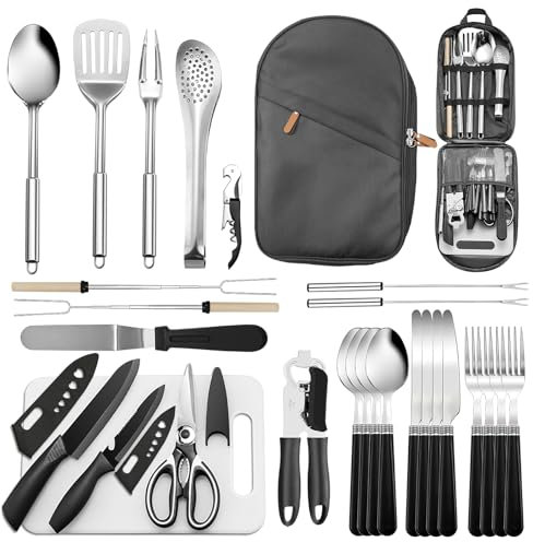 Essentiels de Camping Accessoires 27 pièces, Ustensiles de Cuisine de Camping avec Sac de Transport, Cuisine de Camping RV Ustensiles de Cuisine Set pour Barbecues, Voyages, Les Pique